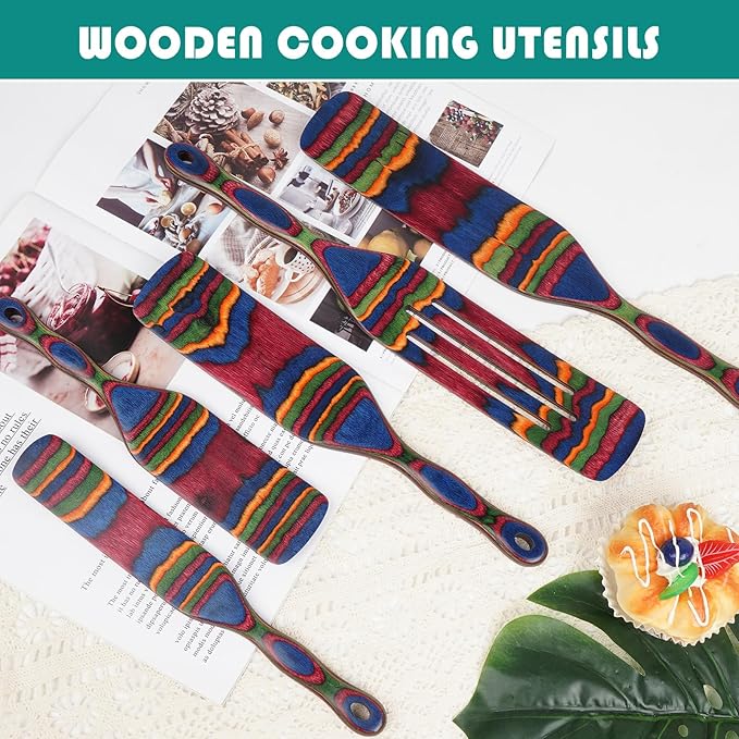 Spurtle Set, Wooden Utensils for Cooking, Kitchen Utensils Set, Pakkawood Kitchen Cooking Utensils Set, Apartment Essentials Wood Serving Spatula spoon, Home & kitchen Gift for Women & Men - Image 5