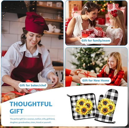 Sunflower Oven Mitts and Pot Holders Sets Heat Resistant 4Pcs Black White Buffalo Plaid Potholders Oven Gloves Hot Pads for Kitchen Baking Cooking Grilling BBQ