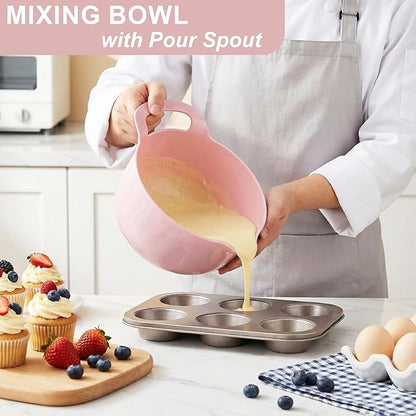 BoxedHome 4 Pack Nesting Mixing Bowl with Pour Spout and Handle, BPA free Microwave & Dishwasher Safe(Pink, 4 Pack with Handle) - Image 2