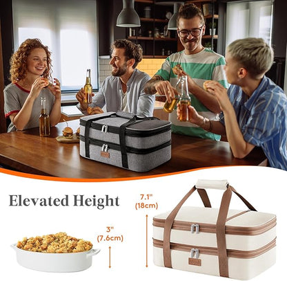 Lifewit Insulated Double Decker Casserole Carrier, Expandable Lasagna Lugger Tote Bag for Hot or Cold Food, Fits 9" x 13" Baking Dish for Potluck Parties, Picnic and Cookouts, Cream