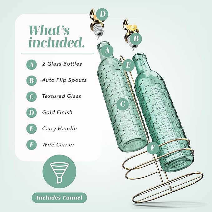 COOK WITH COLOR Glass Olive Oil Bottle Dispenser - 2 Pack- 17oz Oil and Vinegar Cruet - Olive Oil Carafe Decanter for Kitchen, Checkered, Green - Image 2