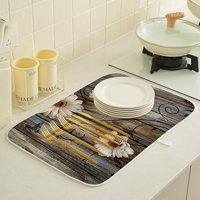 Spring Dish Drying Mat 18x24 Inches For Kitchen Counter Absorbent Floral Special Kitchen Decoration Summer Flower Drying Mat Pad For Home Kitchen,Dining Room,Office Decoration