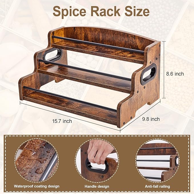 Aminigram Wood Spice Rack Organizer for Cabinet, 3 Tier Spice Shelf Storage, Kitchen Seasoning Organizer for Spice Bottles, Jars, Seasonings, Baking Supplies - Image 3