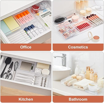 SMARTAKE 6 PCS Clear Plastic Drawer Organizers Set, Large Size Non-Slip Desk Drawer Organizer, 2-Size Versatile Bathroom and Vanity Drawer Organizer Trays for Makeup, Bedroom, Office, Kitchen Utensils