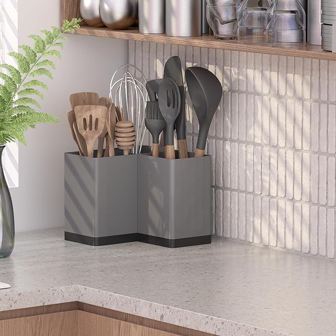 Suli Utensil holder, Kitchen Utensil Organizer for Corner Countertop,Extra Large Silverware Organizer with 3 Compartments,Farmhouse Decor, Iron, Grey - Image 8