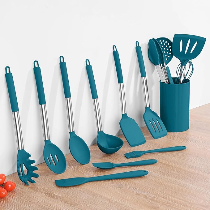 15pcs Kitchen Cooking Utensils Set with Holder, Onader Heat Resistant Silicone Kitchen Utensils Spatula Set with Stainless Steel Handle - Blue - Image 9