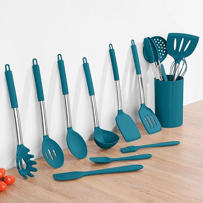 15pcs Kitchen Cooking Utensils Set with Holder, Onader Heat Resistant Silicone Kitchen Utensils Spatula Set with Stainless Steel Handle - Blue - Image 9
