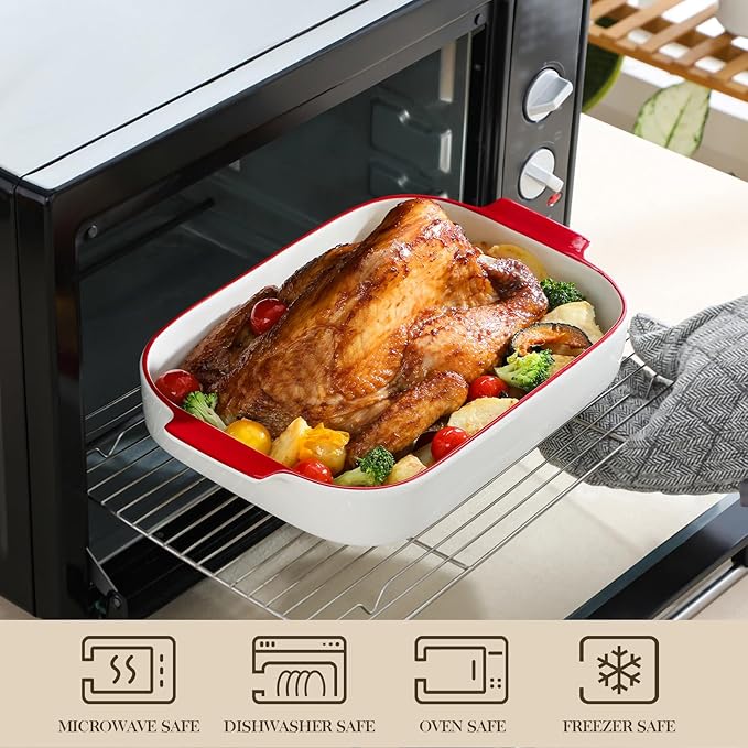MALACASA Casserole Dishes for Oven, Ceramic Baking Dishes Set of 3, Rectangular Lasagna Pan Deep Baking Pans, Bakeware Sets with Handles Gift Set, White with Red Trim (13.8''/11.7''/9.4''), Series BAKE - Image 4