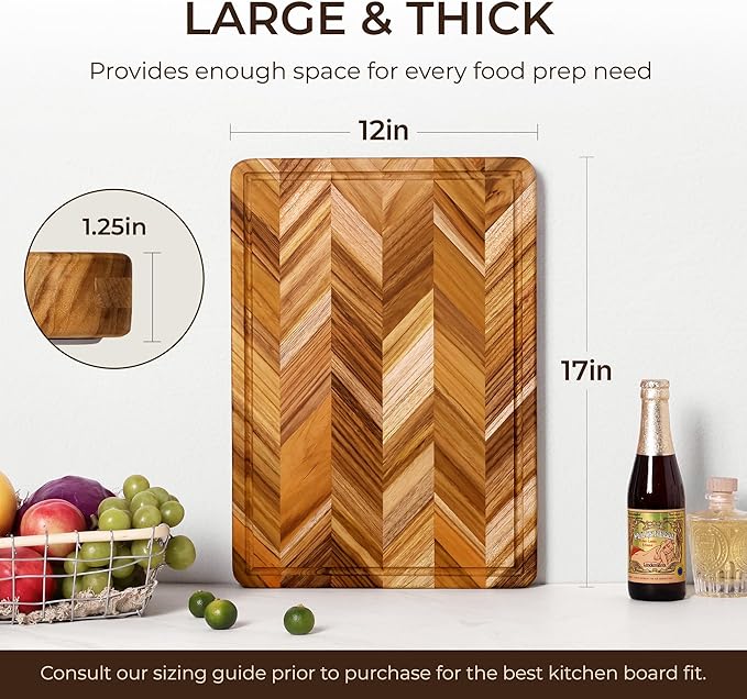 Teak Wood Cutting Board for Kitchen Large End Grain Heavy Duty Checkered Wooden Cutting Board Non Toxic Herringbone Charcuterie Butcher Block Non Slip Hardwood Chopping Board with Juice Groove Handle - Image 3