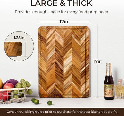 Teak Wood Cutting Board for Kitchen Large End Grain Heavy Duty Checkered Wooden Cutting Board Non Toxic Herringbone Charcuterie Butcher Block Non Slip Hardwood Chopping Board with Juice Groove Handle - Image 3