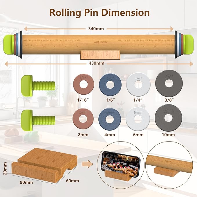 Rolling Pin with Adjustable Thickness Rings and Pastry Baking Mat Dough Thickness for Baking, Fondant, Pizza, Pie, Cookies, Pastries, 13.6" with 4 Multi-Color Thickness Rings and Wooden Stand - Image 3