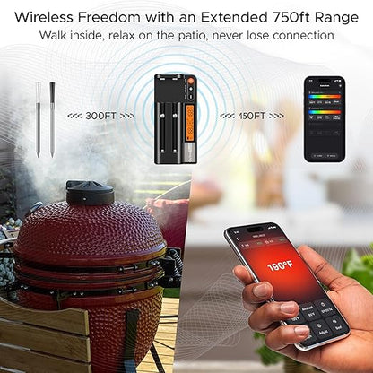 750ft Wireless Meat Thermometer Long Range for Smoker, BBQ & Rotisserie, 2 Probes Smart Bluetooth Thermometer Dual Sensor Waterproof Probe with LCD Base Station Display & App Control - Image 2
