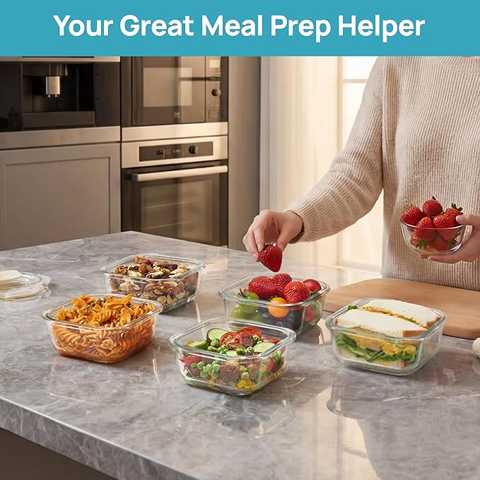 Vtopmart 5Pack 17.5oz Glass Storage Containers with Lids, Glass Meal Prep Food Container Sets with Snap Airtight Lids for Microwave, Oven, Freezer and Dishwasher, Green - Image 3