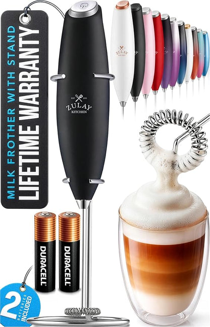 Zulay Kitchen Powerful Milk Frother Wand With 2 Duracell Batteries - Ultra Fast Handheld Drink Mixer - Electric Whisk Foam Maker for Coffee, Lattes, Cappuccino, Matcha, Hot Chocolate & Creamer - Black by ZulayKitchen