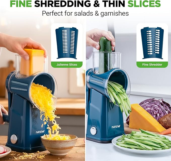 NutriChef 5 in 1 Cheese Grater & Shredder | 5 Different Blades for Thin, Thick, Julienne Strips, Wavy, & Straight Strips | Includes Hand Crank, Strong Suction Base & Storage Container | Blue - Image 4