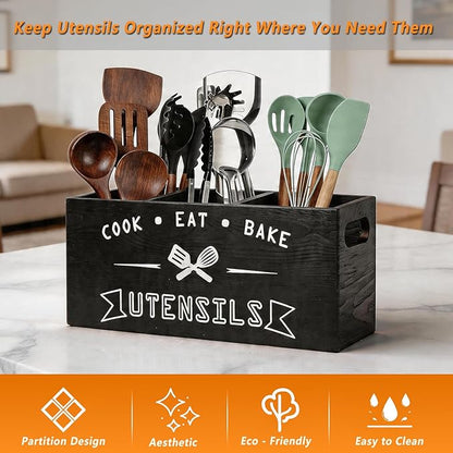 Large and Durable Wooden Kitchen Utensil Holder - Ideal for Kitchen Counter Decor and Party Use （black 3 Compartment）
