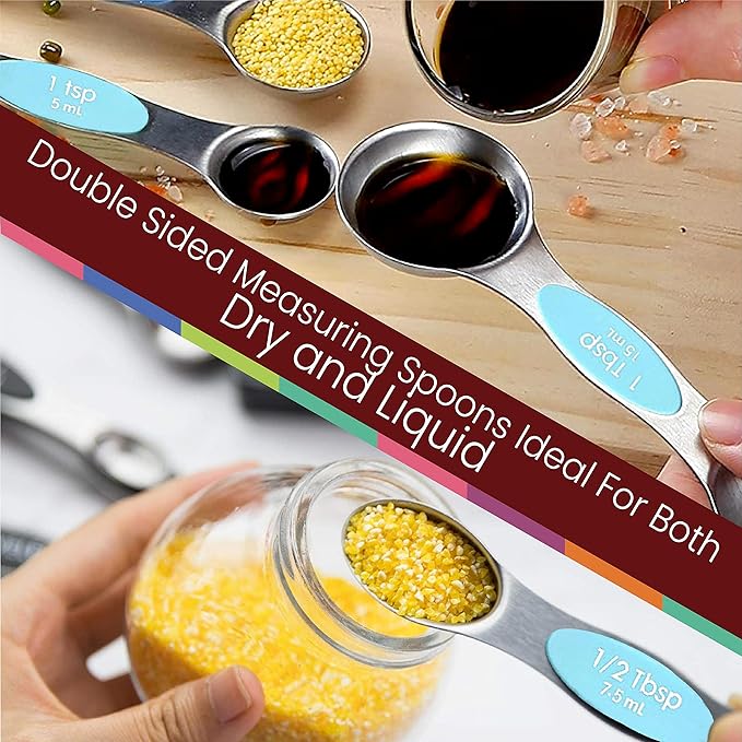 Magnetic Measuring Spoons Set of 9 Stainless Steel Dual-Sided Stackable Measuring Spoon Nesting Teaspoons Measuring Dry and Liquid Ingredients, Fits in Spice Jars Set of 9 (Blue Aqua Sky) - Image 8