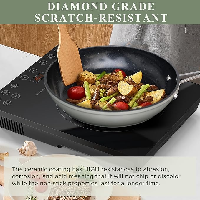 Nuwave Healthy Duralon Blue Ceramic Nonstick Cookware Set, Diamond Infused Scratch-Resistant, PFAS Free, Dishwasher & Oven Safe, Induction Ready & Evenly Heats, Tempered Glass Lids & Stay-Cool Handles - Image 4