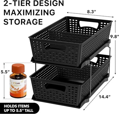 Simple Houseware 2 Tier Bathroom Organizer Tray Pull-Out Sliding Drawer, Under Sink Storage, Black - Image 2