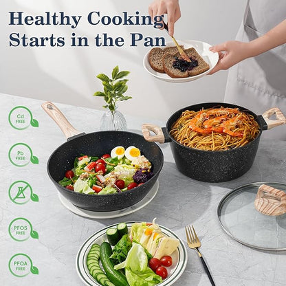 SODAY 12 Pcs Pots and Pans Set Non Stick, Cookware Sets Black Granite Induction Cookware, Non-toxic Healthy Nonstick Kitchen Cooking Set with Frying Pans Set, Saucepans (PFAS/ PFOA/ PFOS Free) - Image 4