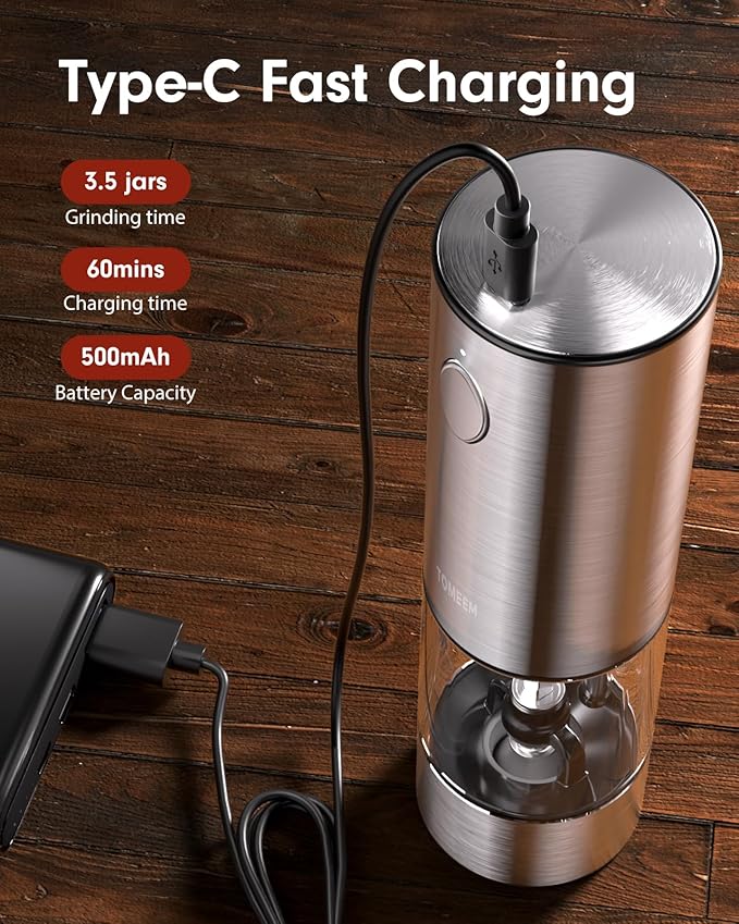 TOMEEM Upgraded Larger Capacity Electric Salt and Pepper Grinder Set Rechargeable with LED lights, Stainless Steel Automatic Pepper and Salt Grinder Refillable with 5 Adjustable Coarseness - Image 3