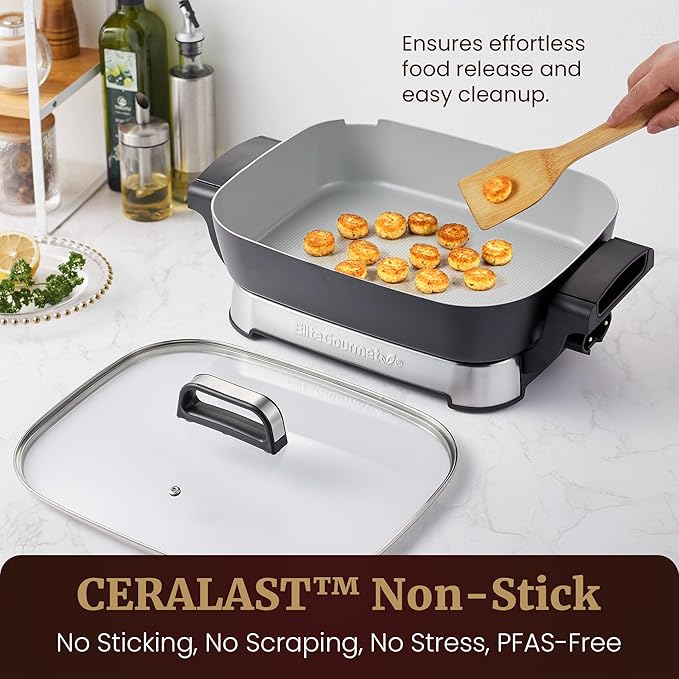 Elite Gourmet 15" x 12" x 3" Stow-Away Foldable Electric Skillet, Ceralast™ PFAS Free Ceramic, 1500W Rapid Heat, Dishwasher Safe Pan & Lid, Black/Grey - Image 3