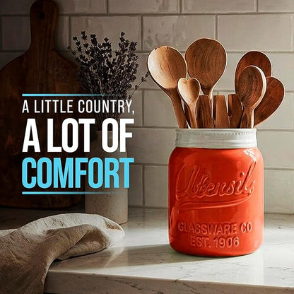 Comfify Wide Mouth Mason Jar Utensil Holder Decorative Kitchenware Organizer Crock, Dishwasher Safe - Kitchen Caddy, Large Size 7" High - Coral - Image 8