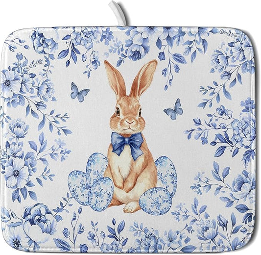 Vintage Microfiber Dish Drying Mat Blue Easter Floral Kitchen Drying Mats for Dishes 18 X 16 by Giwawa