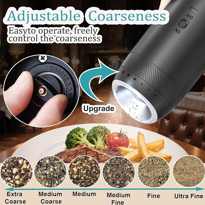 Gravity Electric Salt and Pepper Grinder Set, Automatic Salt Pepper Mill Grinder with Adjustable Coarseness, Large Capacity, LED Light & Easy Refill, USB Rechargeable Spice Grinders for Kitchen