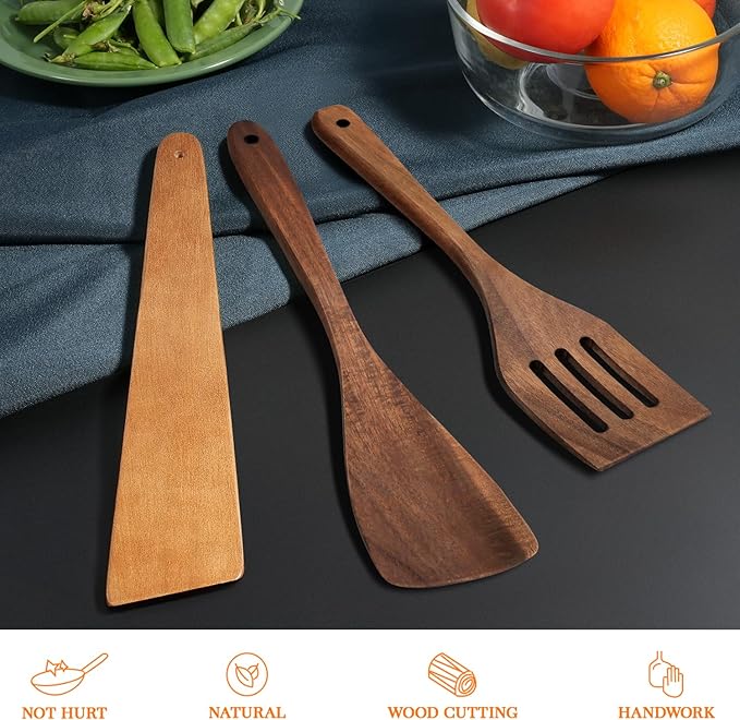 3Pcs Wooden Spatulas, Acacia Wood 12inch Long Handle Flat Frying Turner, Non-Stick Wooden Spoons for Cooking, Kitchen Utensils Set for Flipping, Scraping and Turning - Image 2