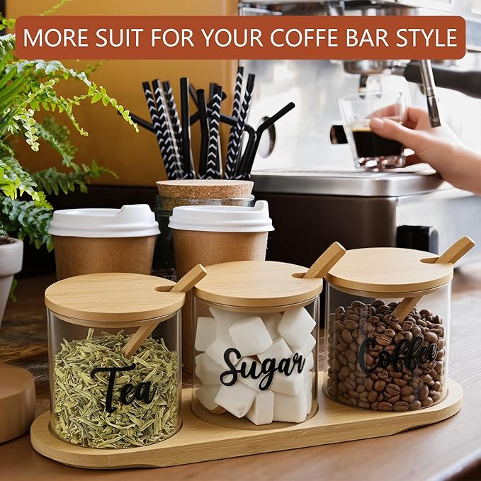 LemonRoad 3 Pack Coffee Sugar Tea Container Set Glass Jars with Bamboo Tray Decorative Container with Lid and Spoon Clear Condiment Jars Storage for Coffee Bar Drink Station Countertop Home Decor - Image 6