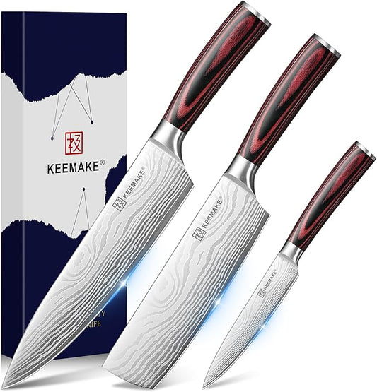 KEEMAKE 3 Pieces Knife Set, High Carbon Stainless Steel Chef Knives Sets with Ergonomic Pakkawood Handle, Professional Ultra Sharp Kitchen Knife Sets, Father Day Gifts