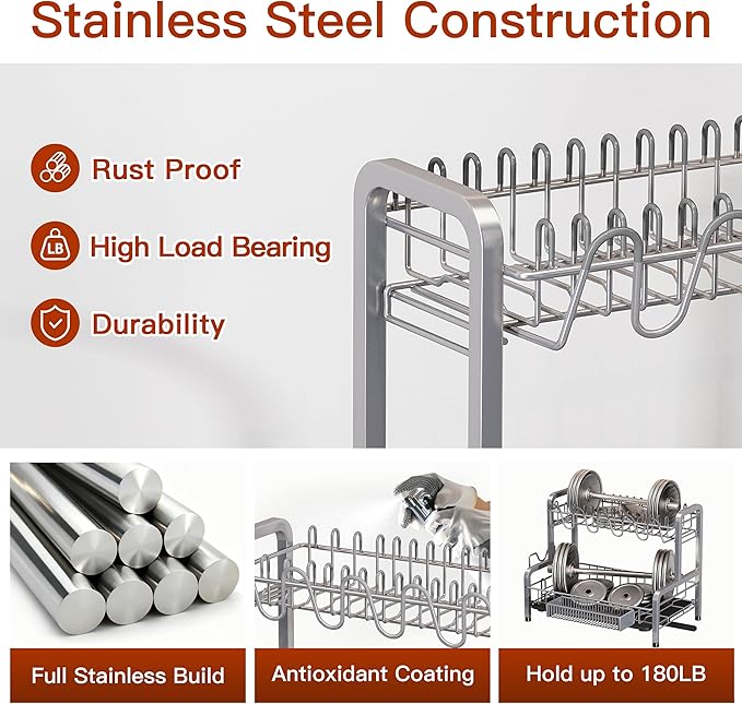 2 Tier Dish Drainer Drying Rack for Kitchen Counter, Large Stainless Steel Dishes Dryer with Drainboard, Space Saving, Big Rustproof Metal Modern Countertop Plates Strainer with Utensil Holder, Sliver - Image 5