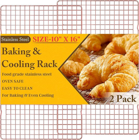 2PCS Cooling Racks for Cooking and Baking - 10" x 16"Heavy Duty Stainless Steel Wire Rack for Baking, Grilling, Roasting - Oven & Dishwasher Safe - Fits Half Sheet Pan（Rose Gold） by QukakaHomeCare