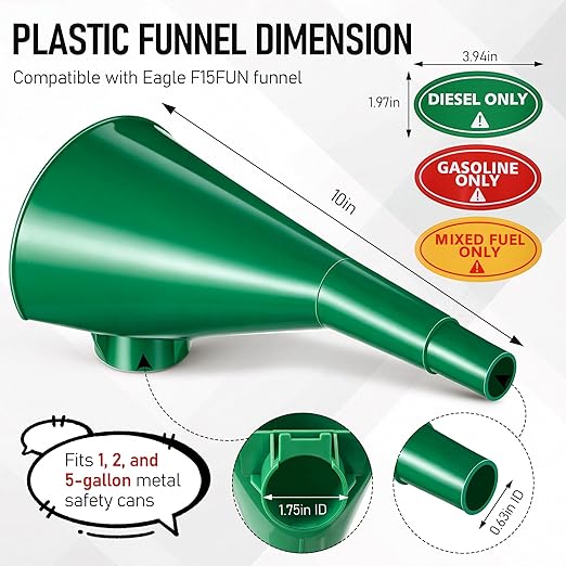 Plastic Funnel for Type I Metal Safety Cans, Compatible with Eagle F15FUN, Fits 1/2/5 Gallon Cans, 10" HDPE Funnel, Includes Diesel Only, Gasoline Only, Mixed Fuel Stickers(1 Pack,Green)