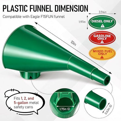 Plastic Funnel for Type I Metal Safety Cans, Compatible with Eagle F15FUN, Fits 1/2/5 Gallon Cans, 10" HDPE Funnel, Includes Diesel Only, Gasoline Only, Mixed Fuel Stickers(1 Pack,Green)