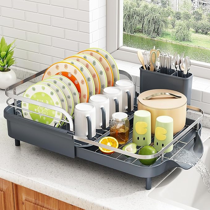 SAYZH Dish Drying Rack - Expandable Dish Rack for Kitchen Counter, Rust-Resistant Dish Drainer with Utensil Holder and Raised Guardrail, Kitchen Organizer for Cup and Bottle (Grey) by SAYZH
