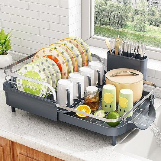SAYZH Dish Drying Rack - Expandable Dish Rack for Kitchen Counter, Rust-Resistant Dish Drainer with Utensil Holder and Raised Guardrail, Kitchen Organizer for Cup and Bottle (Grey) by SAYZH