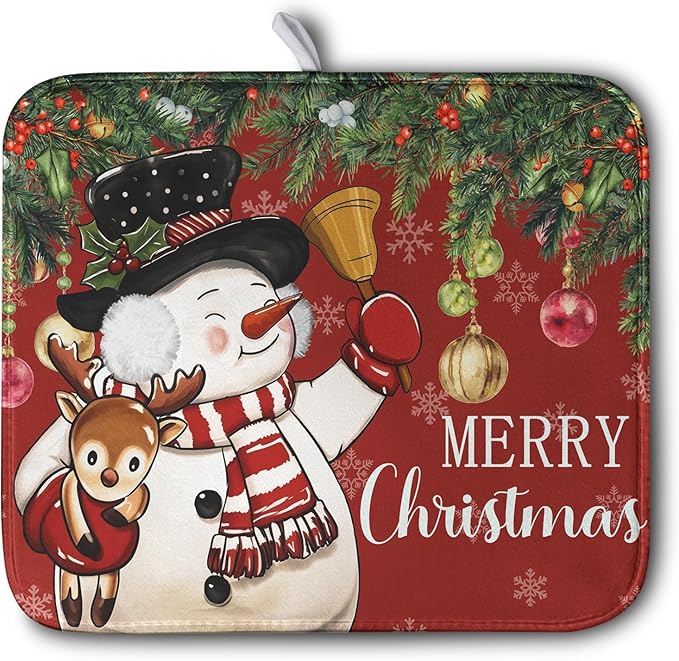 Christmas Dish Drying Mats for Kitchen Counter 16x18 Cute Snowman Red Dish Drying Pad for Dishes Winter Xmas Holiday Dish Draining Mat Absorbent Microfiber Dish Drainer Rack Mats by Kwlegh