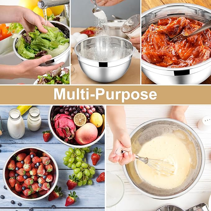 E-far Mixing Bowls with Lids, 12-Piece Stainless Steel Salad Bowls Metal Nesting Bowls for Baking Cooking and Prepping, Airtight Lids & Stackable Design, Size 7, 4.5, 3, 1.5, 1.2, 0.7 QT (Khaki) - Image 4