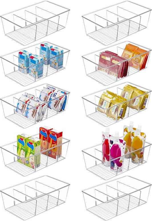 Vtopmart 10 Pack Food Storage Organizer Bins, Clear Plastic Bins for Pantry, Kitchen, Fridge, Cabinet Organization and Storage, 4 Compartment Holder Packets, Snacks, Pouches, Spice Packets by Vtopmart