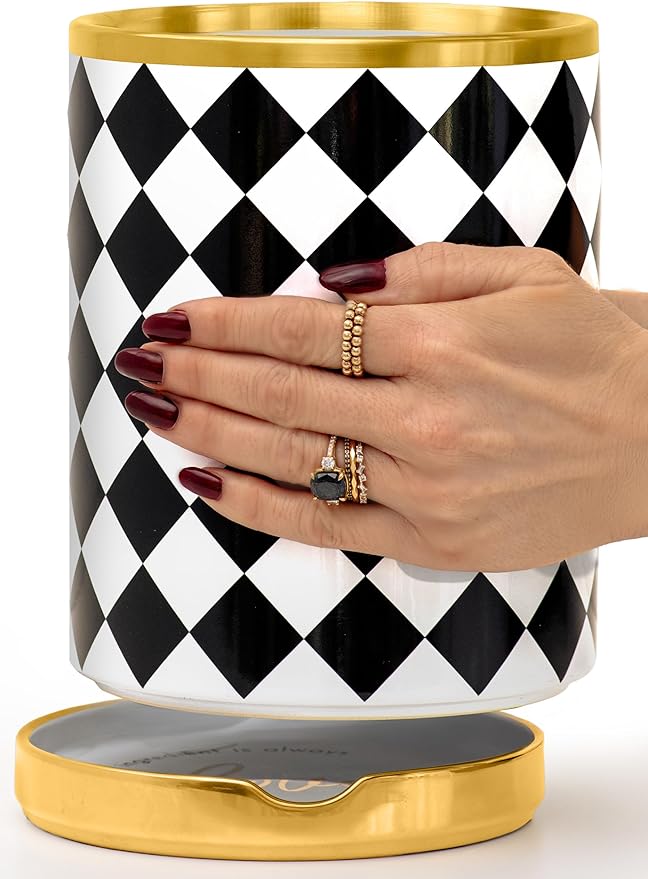 STYLED SETTINGS Black & White Checkered Utensil Holder Set – Large Ceramic Kitchen Utensil Holder for Countertop with Gold Spoon Rest – Stylish Checkered Kitchen Decor & Organizer by STYLEDSETTINGS