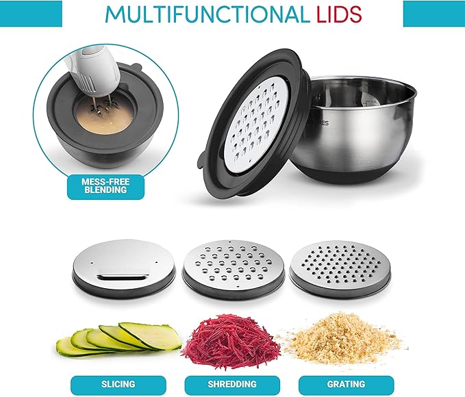 Belwares Mixing Bowls with Lids Set of 5 - Stainless Steel Mixing Bowl Set, Kitchen Nesting Metal Bowls with Non Slip Bottoms + 3 Grater Attachments, Airtight Lids, Food Prep + Storage, Matte Black - Image 2