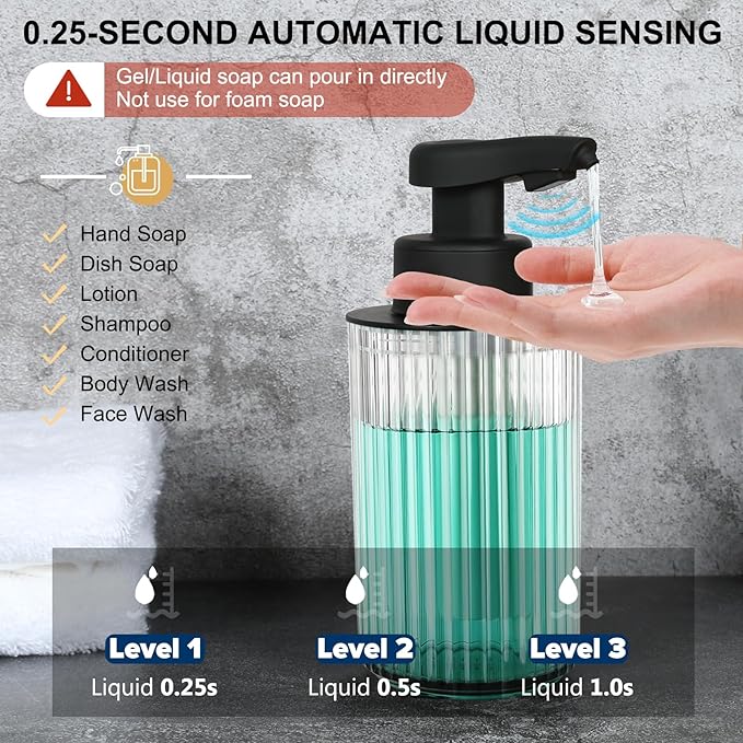 Automatic Soap Dispenser Liquid Touchless: 9oz Black Plastic - Rechargeable Electric Smart Auto Hand Soap Dispenser - Dish Bathroom Kitchen - Image 3