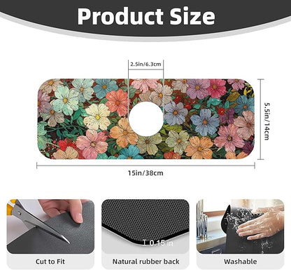 Colorful Wildflowers Dish Drying Mat for Kitchen Counter, 16"x18" Microfiber Absorbent Fast Dry Mat, 2Pcs Dish Mat Faucet Mats Sets, Large Drying Kitchen Mat Kitchen Drying Pad Coffee Bar Decor Gifts