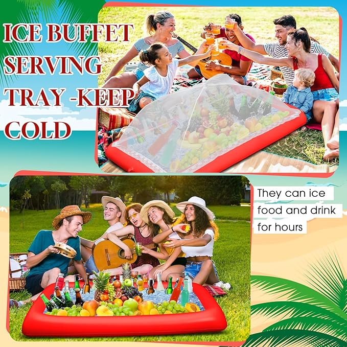 Leitee 3 Pcs Inflatable Serving Bar Kit Includes Salad Buffet Tray with Drain Plug Mesh Food Cover Food Drink Containers and Inflator for Ice Supplies Halloween Party Camping Picnic(Red)