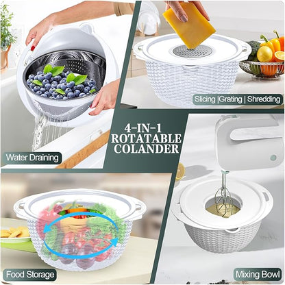 4-1 Colander with Bowl Set - Rotatable Colander for Kitchen(Patented) - Strainers and Colanders - Pasta Strainer with New Upgraded Graters for Fruit Veggie Fun Kitchen Presents - White - Image 4