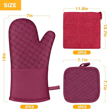 6 Pcs Oven Mitts and Pot Holders, 500℉ Heat Resistant Oven Mitts with Kitchen Towels Soft Cotton Lining and Non-Slip Silicone Surface Safe for Baking, Cooking, BBQ (Red) - Image 7