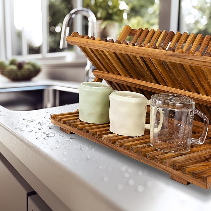 Utoplike Large Teak Dish Drying Rack, Wooden 3 Tier Collapsible Dish Draine for Countertop, Kitchen Organizer for Pasta Plates, Cups - Image 3