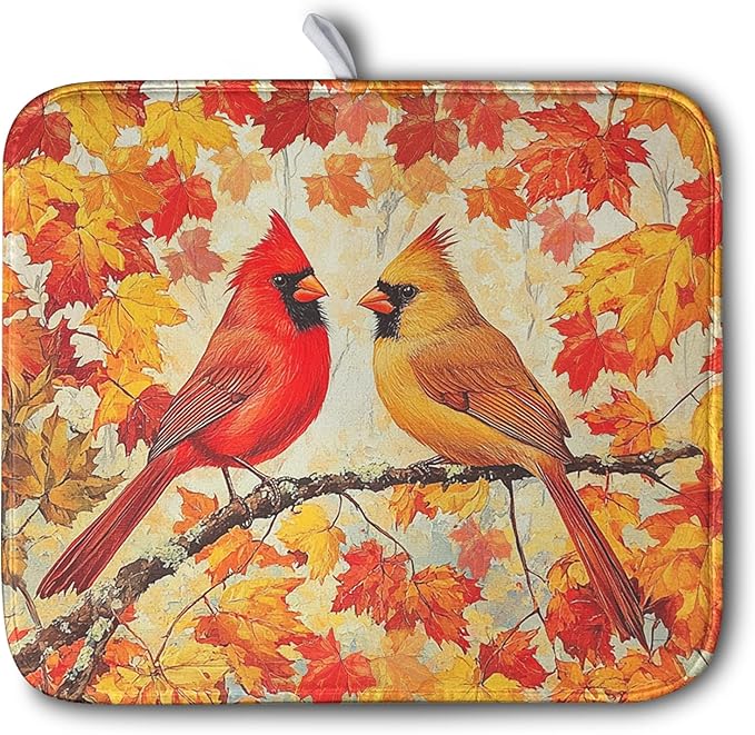 Fall Dish Drying Mats for Kitchen Counter Maple Leaf Cardinal Birds Dish Draining Mat 16x18 Inch Autumn Thanksgiving Dish Rack Mat Microfiber Absorbent Dish Drainer Pad by Kwlegh